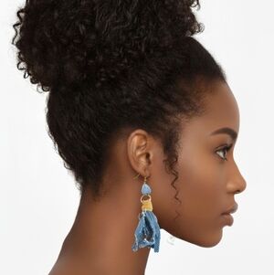 Blue Dyed Quartz Crystal, Denim and Leather Drop Earrings 4"